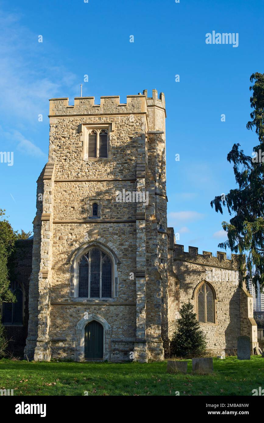 The historic 15th century tower of All Saints, Edmonton, North London, England Stock Photo