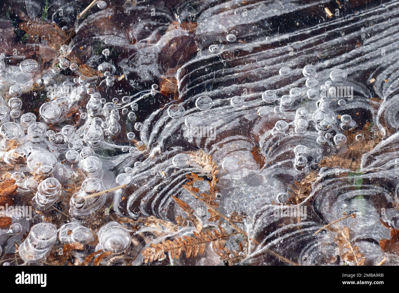 Closeup of ice patterns or ice formations during frosty weather in