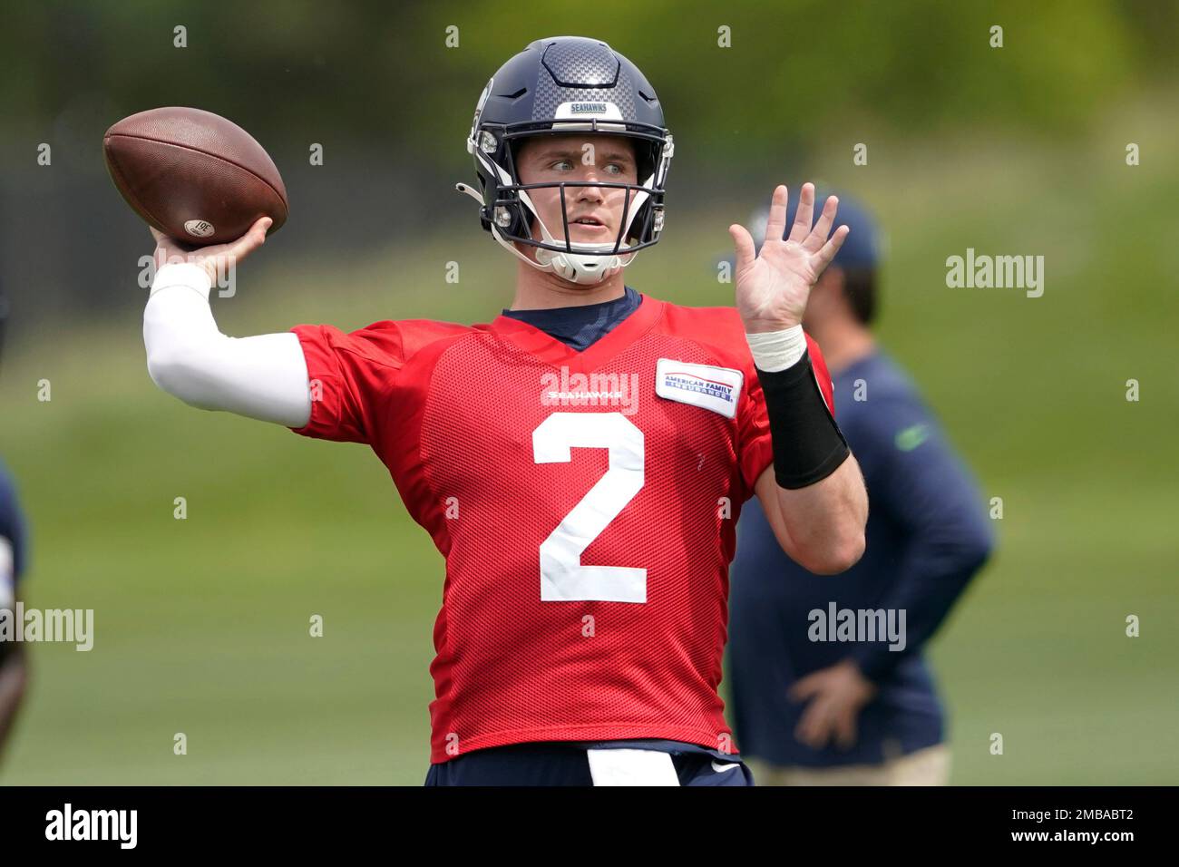 Seattle Seahawks quarterback Drew Lock throws a pas during NFL football ...