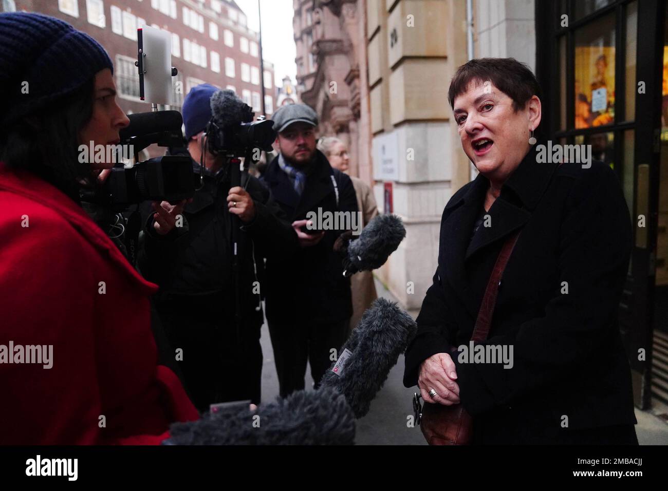 Joint General-Secretary of the National Education Union Mary Bousted leaving the Department for Education (DfE) in Westminster where union leaders are meeting with DfE officials for talks in a bid to avert teacher strikes. Picture date: Friday January 20, 2023. Stock Photo