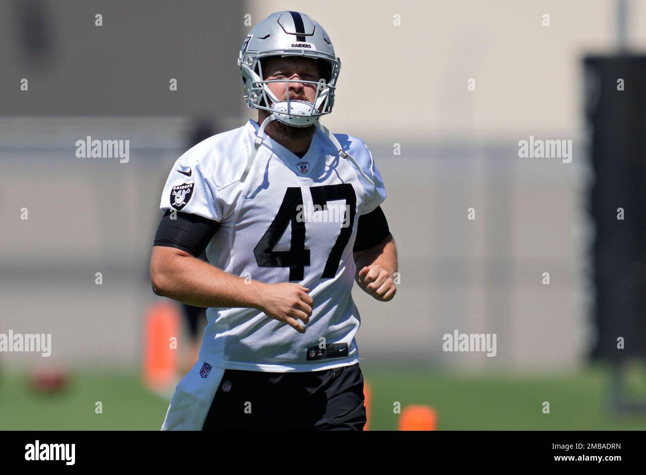 Las Vegas Raiders' Trent Sieg warms up at the NFL football team's