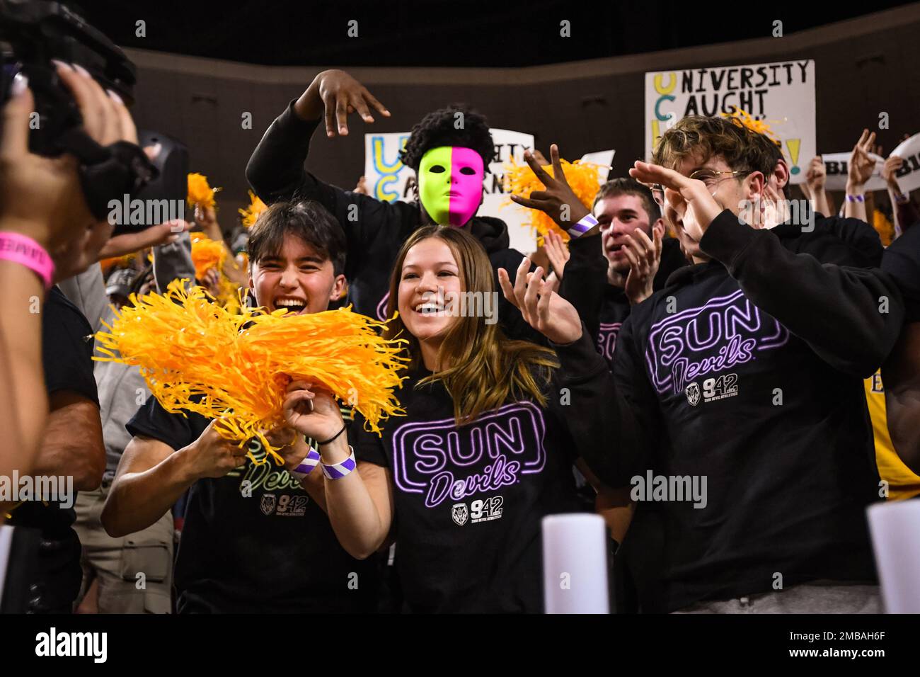 Arizona State student section cheers before an NCAA basketball game against UCLA in Tempe, Arizona, Thursday, January 19, 2023. UCLA defeated Arizona Stock Photo