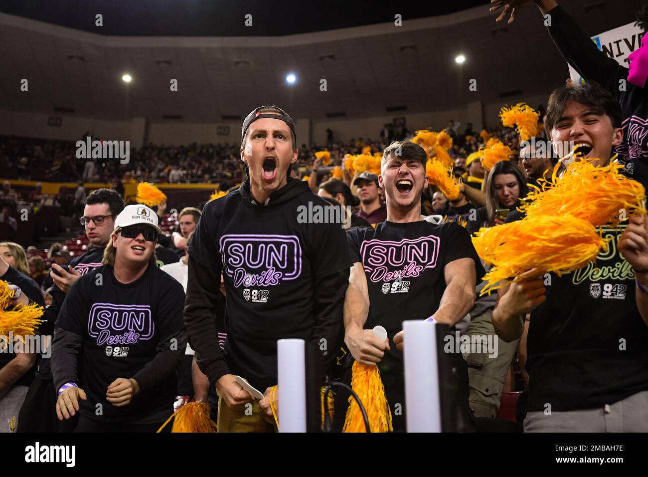 Arizona State student section cheers before an NCAA basketball game against UCLA in Tempe, Arizona, Thursday, January 19, 2023. UCLA defeated Arizona Stock Photo