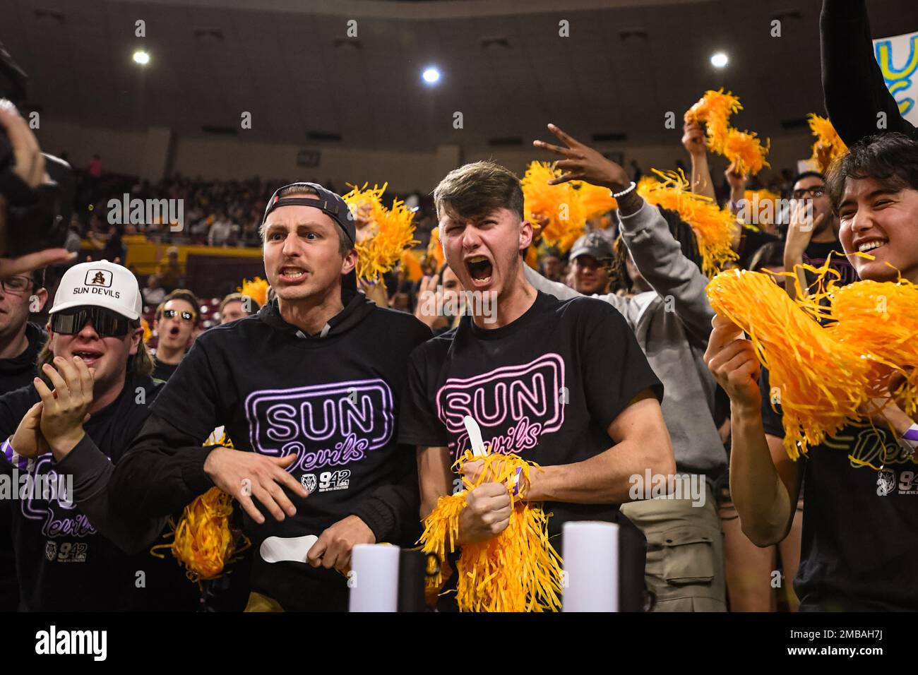 Arizona State student section cheers before an NCAA basketball game against UCLA in Tempe, Arizona, Thursday, January 19, 2023. UCLA defeated Arizona Stock Photo