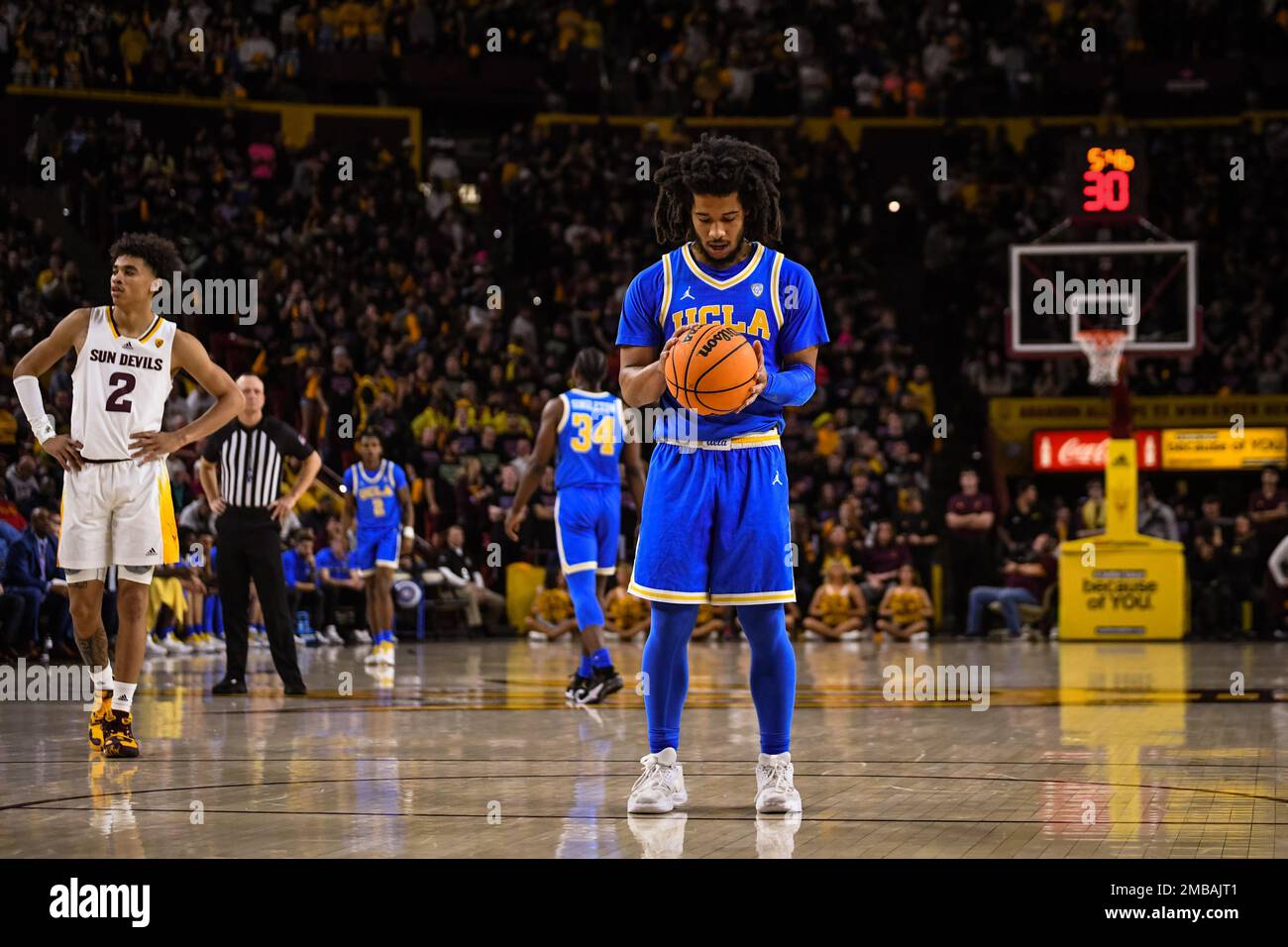 UCLA guard Tyger Campbell (10) at the free throw line in the first half of the NCAA basketball game against Arizona State in Tempe, Arizona, Thursday, Stock Photo