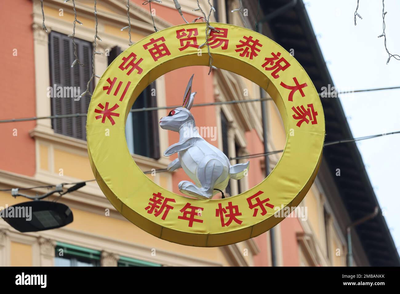 Celebrating the Year of the Rabbit. Milan (via Paolo Sarpi) celebrats the new year  with street decorations. Stock Photo