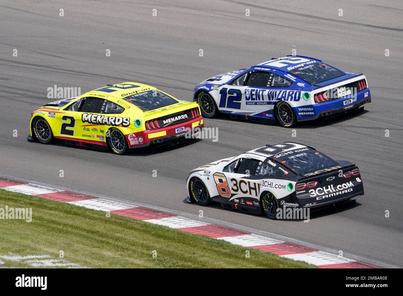 Madison I'll Raceway Austin Cindric (2), Ryan Blaney (12) and Tyler Reddick (8) drive in ...