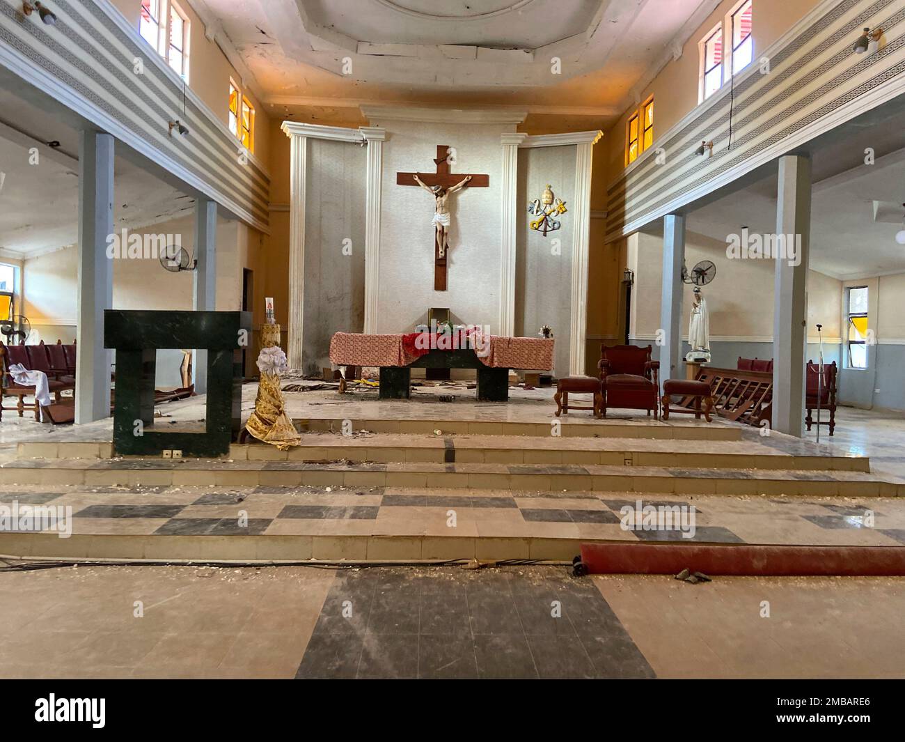 A view of the St. Francis Catholic Church in Owo Nigeria, Sunday, June 5, 2022. Lawmakers in southwestern Nigeria say more than 50 people are feared dead after gunmen opened fire and detonated explosives at a church. Ogunmolasuyi Oluwole with the Ondo State House of Assembly said the gunmen targeted the St Francis Catholic Church in Ondo state on Sunday morning just as the worshippers gathered for the weekly Mass. (AP Photo/Rahaman A Yusuf) Stock Photo