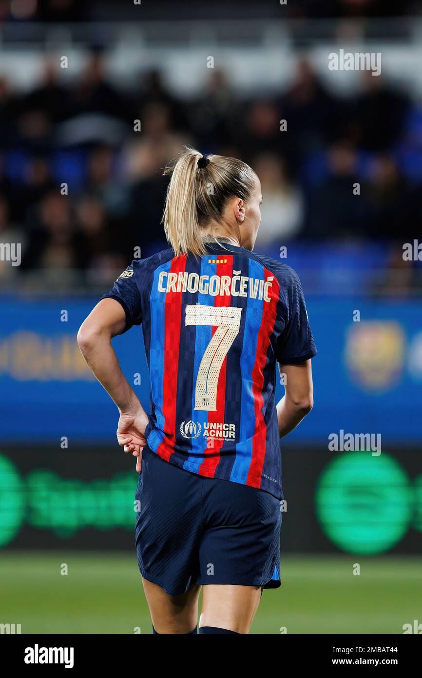 BARCELONA - JAN 7: Crnogorcevic in action during the Primera Division Femenina League match between FC Barcelona and Sevilla FC at the Johan Cruyff St Stock Photo