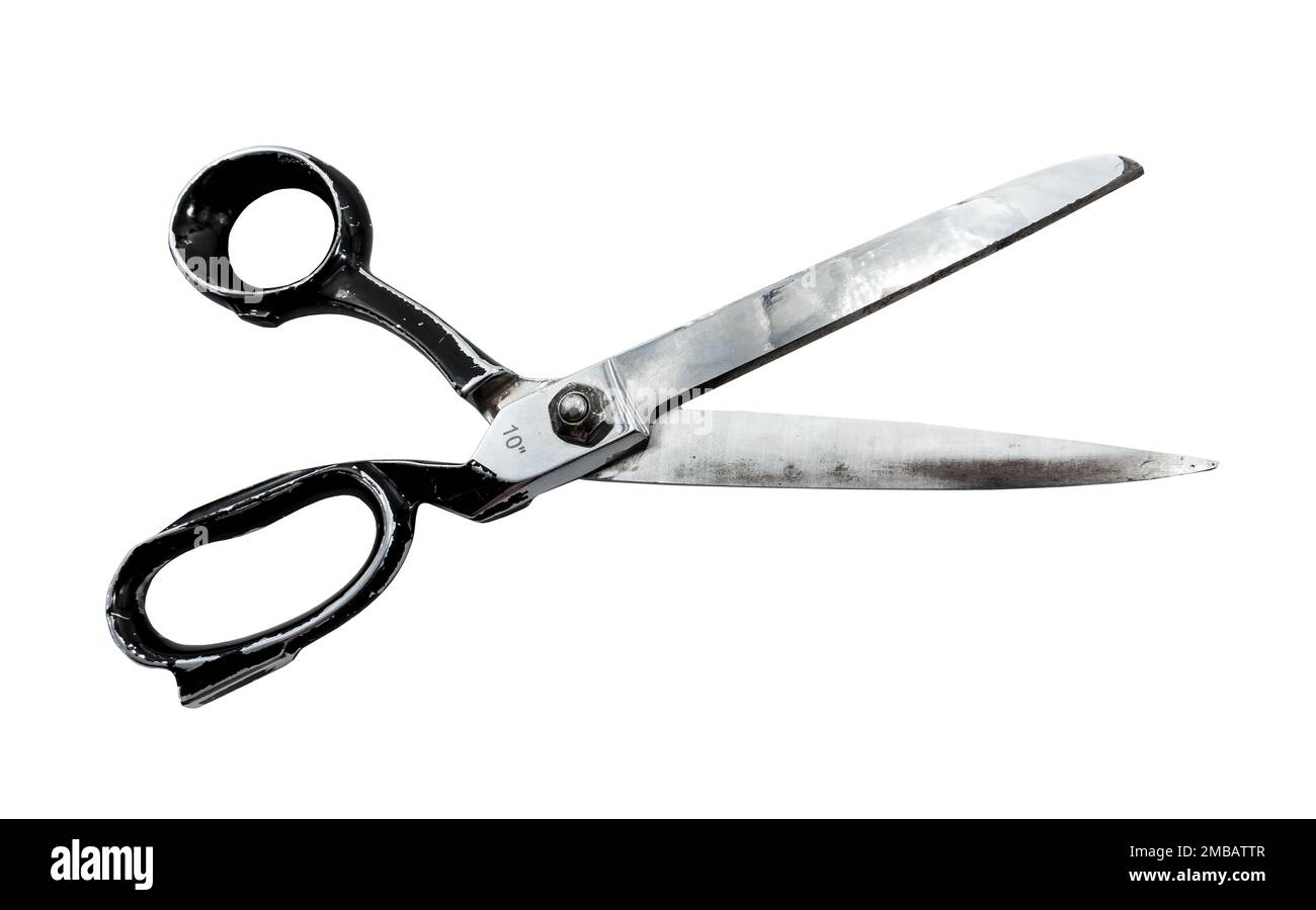 Old retro tailor's scissors on a white background. Scissors for the