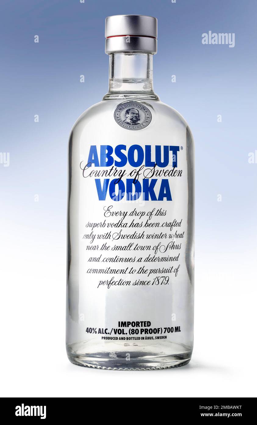 Chisinau, Moldova November 16, 2015: Bottle of Swedish vodka Absolut, Produced by Vin & Sprit. Stock Photo