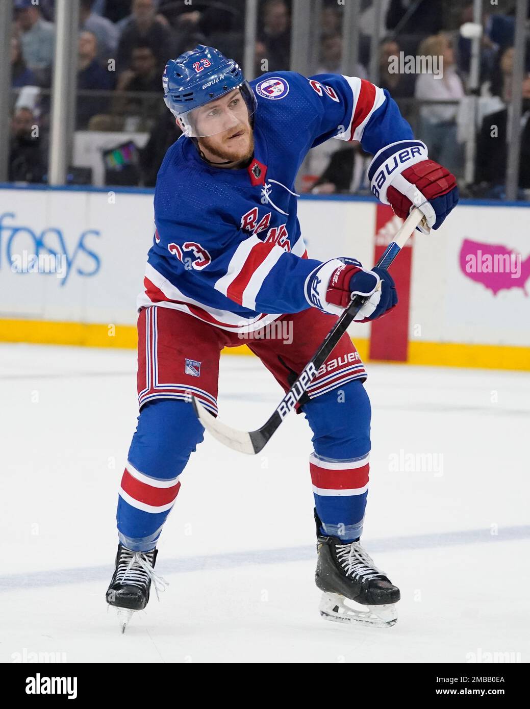 New York Rangers defenseman Adam Fox (23) waits for a face-off in the first  period of an NHL hockey game against the New Jersey Devils, Monday, Nov.  28, 2022, in New York. (