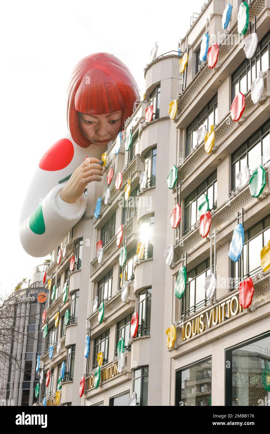 Yayoi Kusama Sculpture Peers Over Champs Elysées Louis Vuitton Store