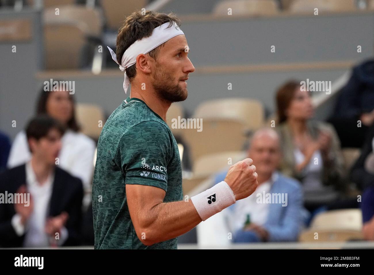 Norway's Casper Ruud celebrates a winning point during a semi final match  against Denmark's Holger Rune at the Italian Open tennis tournament in  Rome, Italy, Saturday, May 20, 2023. (AP Photo/Alessandra Tarantino