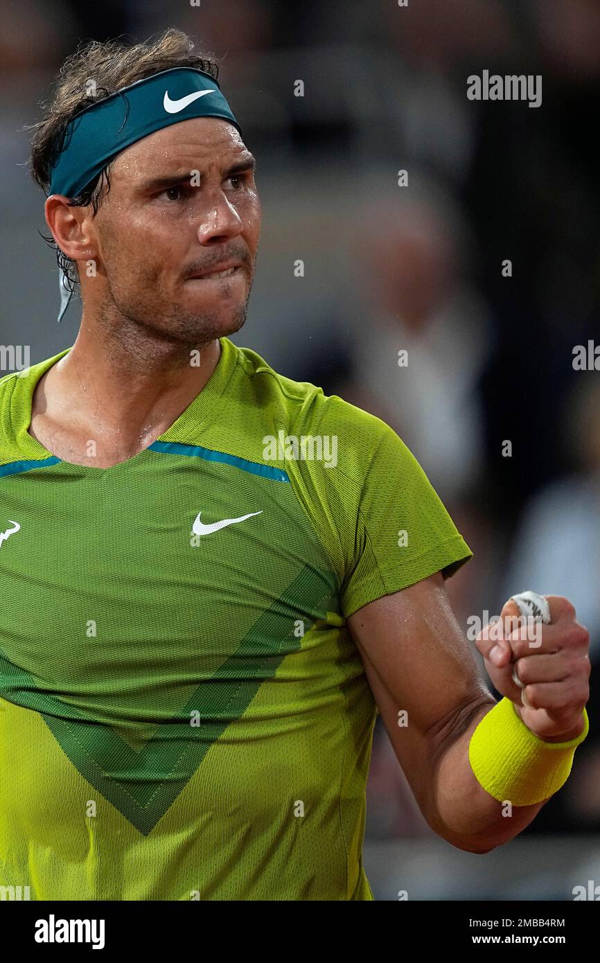 Spains Rafael Nadal reacts after scoring a point against Germanys Alexander Zverev during their semifinal match of the French Open tennis tournament at the Roland Garros stadium Friday, June 3, 2022 in
