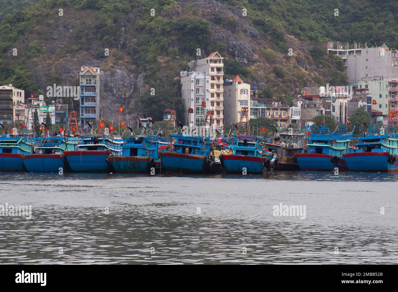 Ha Long Bay ( Halong bay ) View Over Landscape - blue boats tied at dock in the impressive landscape . Ha Long Bay , Vietnam Stock Photo