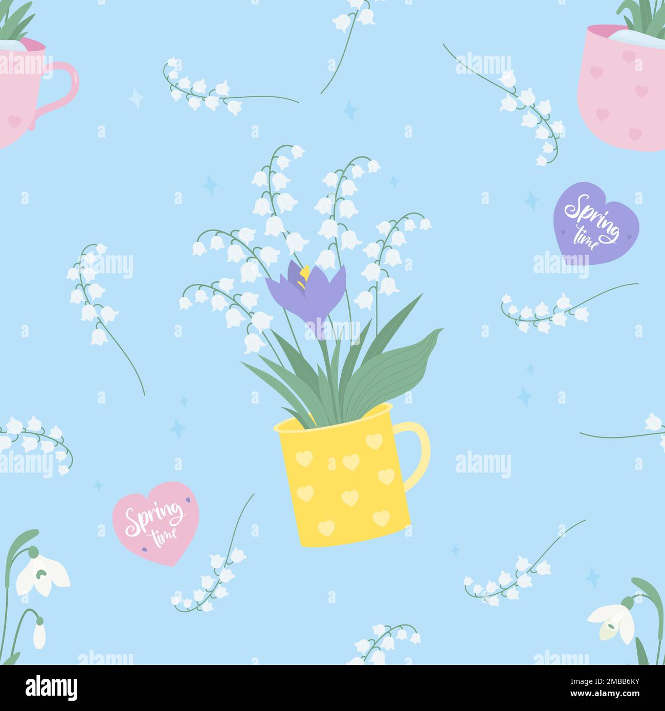 Floral seamless pattern. Bouquet spring flowers lilies of the valley and crocus in cup on light blue background. Vector illustration. Spring time endl Stock Vector