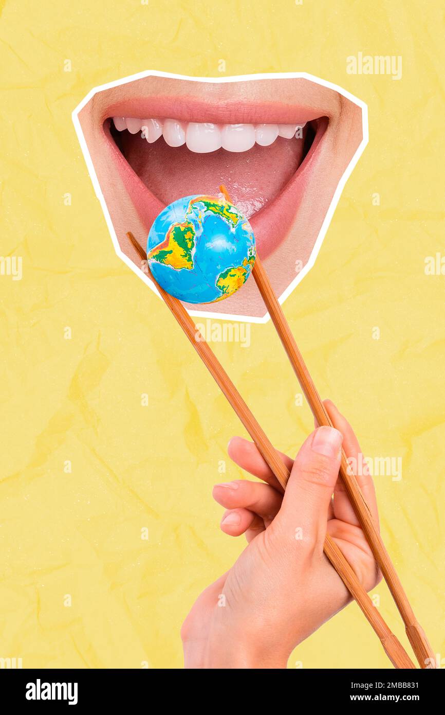 Creative 3d photo artwork graphics collage painting of arm feeding mouth planet isolated drawing background Stock Photo