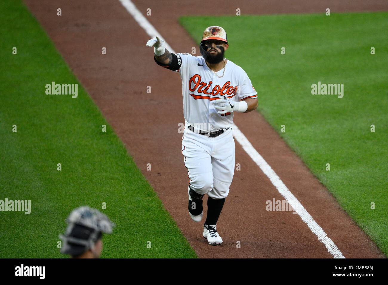 Baltimore Orioles Rougned Odor celebrates after hitting a 3-run