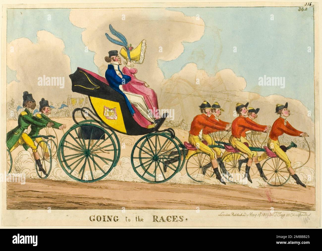 Going to the Races, published May 14, 1819. Carriage pulled by men riding  hobby horses, a forerunner of the bicycle lacking pedals and brakes. Attributed to William Heath. Stock Photo