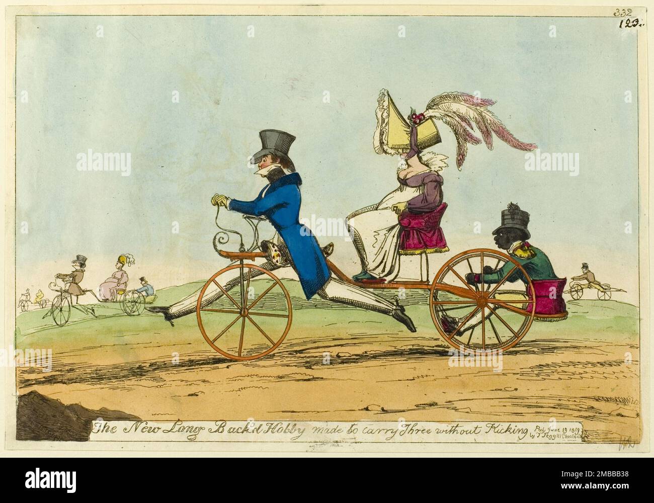 The New Long Back'd Hobby made to carry Three without Kicking, published June 19, 1819. A hobby horse (a forerunner of the bicycle) adapted to carry a passenger, with a Black servant (or slave) at the rear. Attributed to William Heath. Stock Photo