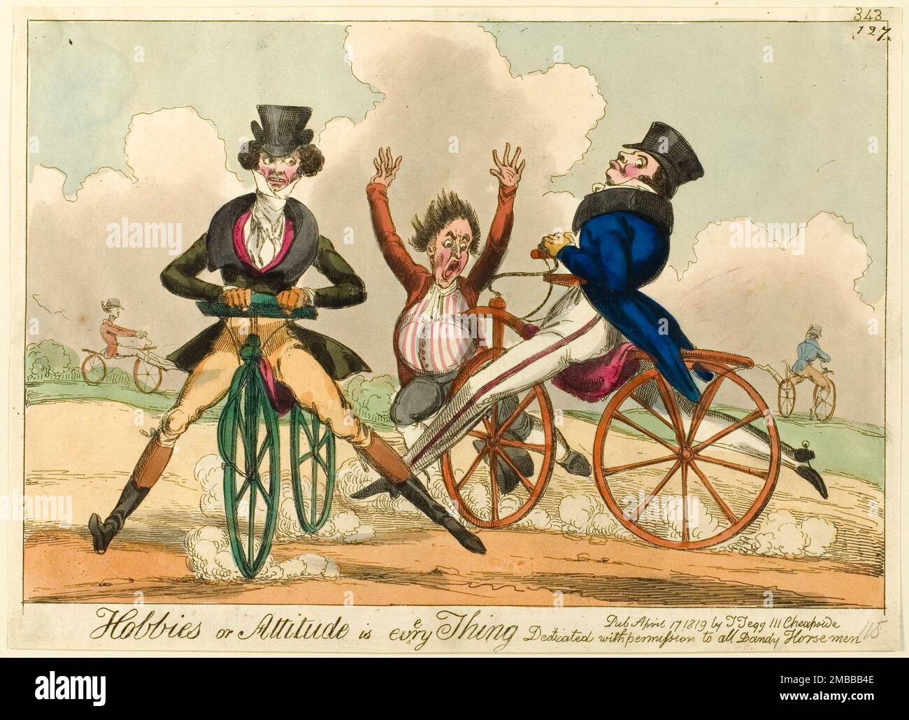 Hobbies or Attitude is Everything, Dedicated with permission to all Dandy Horsemen, published April 17, 1819. An accident involving men riding hobby horses (a forerunner of the bicycle, lacking pedals and brakes). Attributed to William Heath. Stock Photo