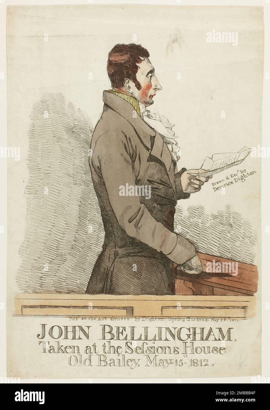 John Bellingham, n.d. 'Taken at the Sessions House, Old Bailey, May 15th 1812'. British Prime Minister Spencer Perceval was shot and killed in the lobby of the House of Commons by John Bellingham, a merchant who had been wrongly imprisoned in Russia. He bore a grievance against the British government after it had rejected his petitions for compensation. Bellingham was hanged in public three days after being found guilty. Stock Photo