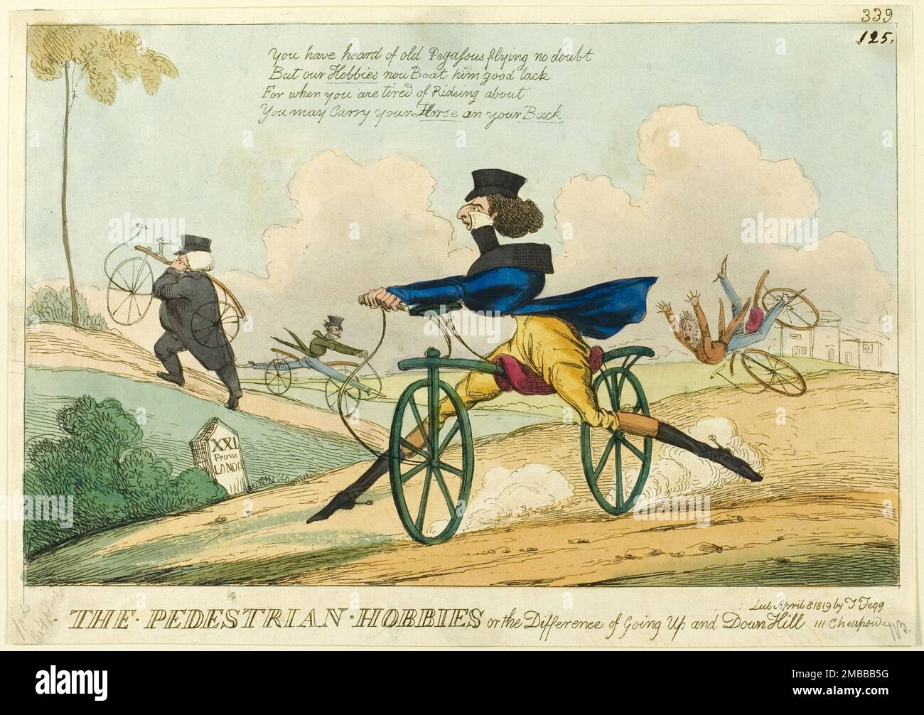 The Pedestrian Hobbies, or the Difference of Going Up and Down Hill, published April 8, 1819. Men riding hobby horses (a forerunner of the bicycle). The lack of gears and brakes meant they had to be carried uphill, and were dangerous going downhill. 'You have heard of old Pegassus flying no doubt, But our hobbies now Beat him good lack, For when you are tired of Rideing about, You may Carry your Horse on your Back'. Attributed to William Heath. Stock Photo
