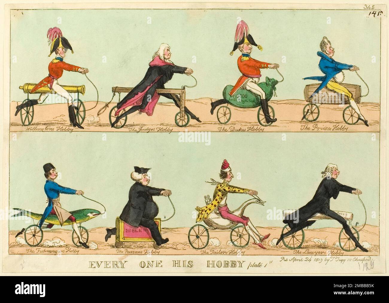 Everyone His Hobby, plate 1, published April 24, 1819. Caricatures of men riding hobby horses (a forerunner of the bicycle) designed to reflect their profession: 'Wellington's Hobby [Duke of Wellington astride a cannon], The Judge's Hobby [a gibbet], The Duke's Hobby [sack of money: '&#xa3;10,000 for Visiting the Sick'], The Prince's Hobby [the Prince Regent on a barrel marked 'Punch, Princes Mixture], The Fishmonger's Hobby [fish-shaped hobby horse], The Parson's Hobby [a bible], The Tailor's Hobby [a swan], The Lawyer's Hobby' [document marked 'Brief']. Attributed to William Heath. Stock Photo