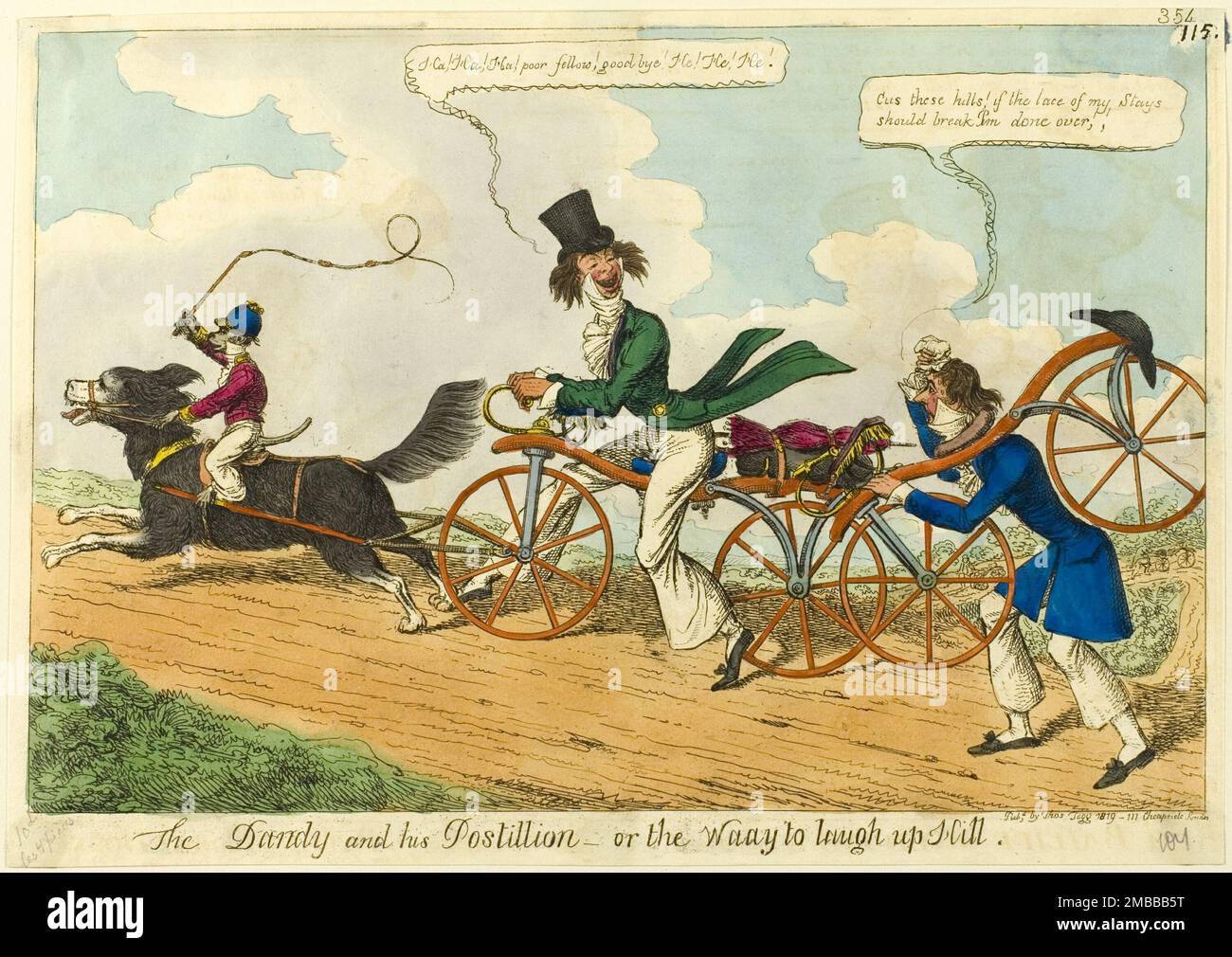 The Dandy and His Postillion - or the Waay to Laugh Up Hill, 1819. 'Ha! Ha! Ha! poor fellow! goodbye! He! He! He!'. 'Cus these hills! If the lace of my Stays should break I'm done over'. The hobby horse was a forerunner of the bicycle. It lacked pedals and gears, and had to be carried up hills. One enterprising rider has attached a dog (with monkey postilion) to his vehicle, and is being pulled uphill. Attributed to William Heath. Stock Photo