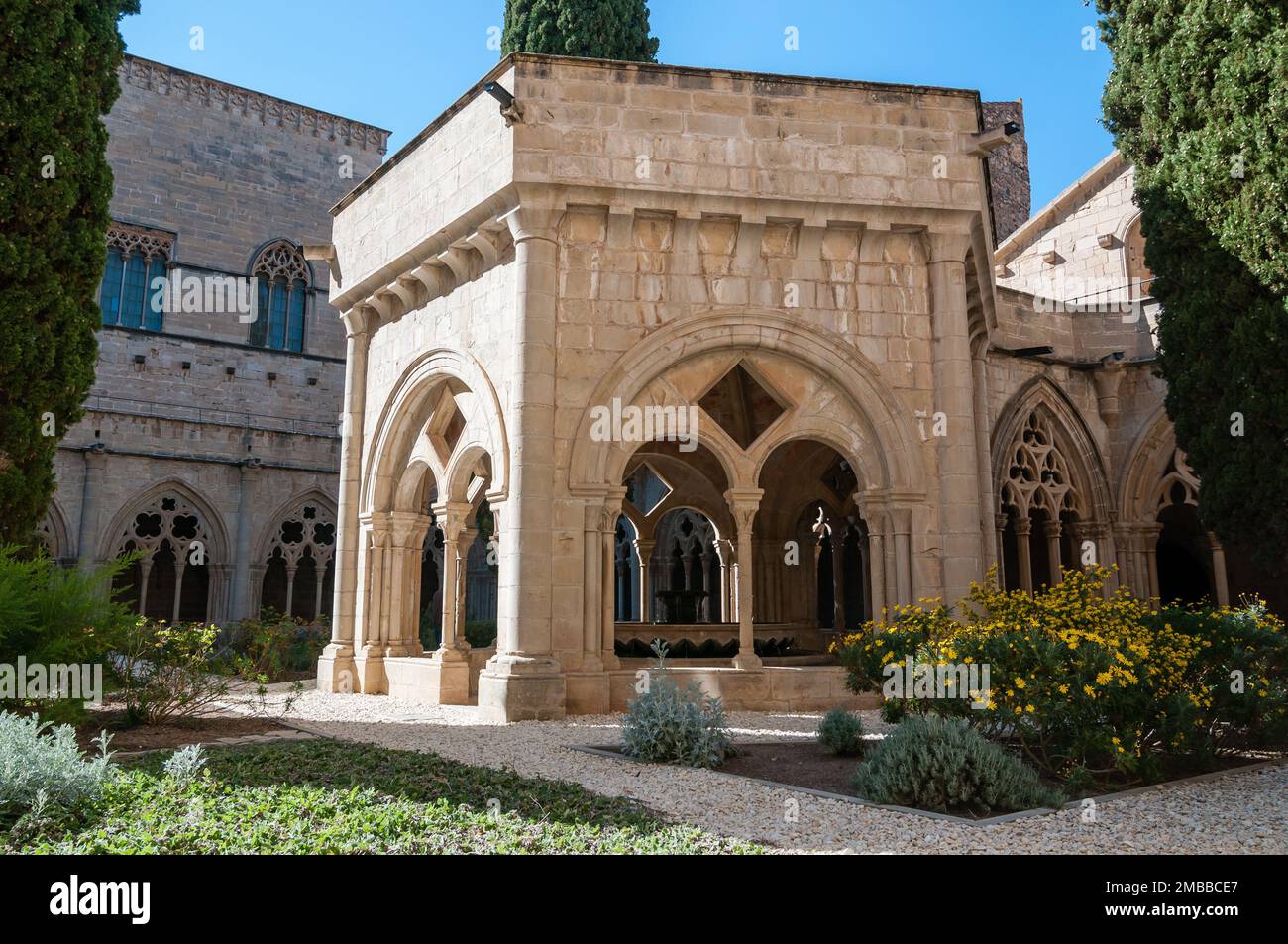 Cloister of Royal Abbey of Santa Maria de Poblet. Tarragona, Catalonia, Spain Stock Photo