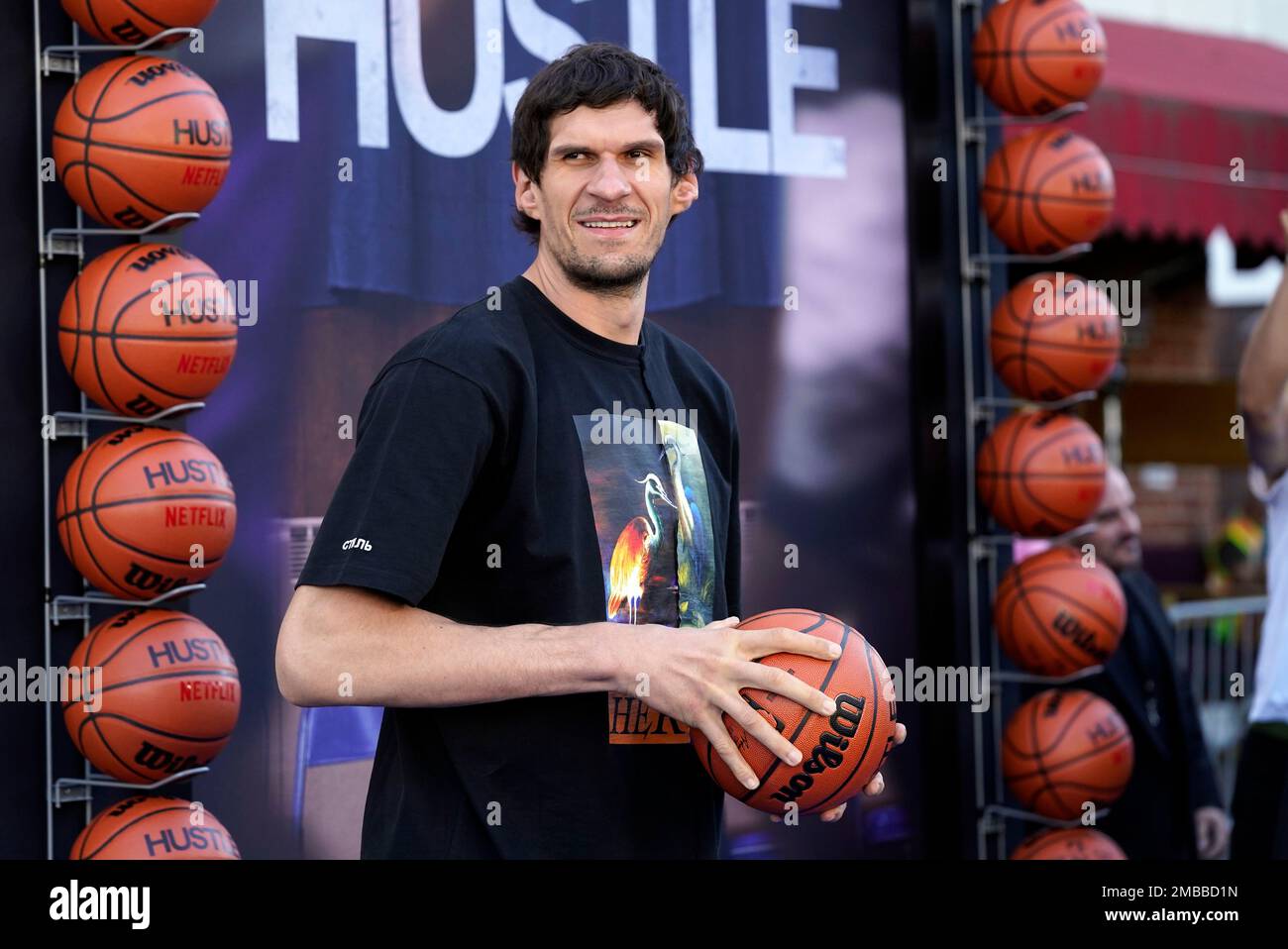 NBA basketball player Boban Marjanovic poses at the premiere of the
