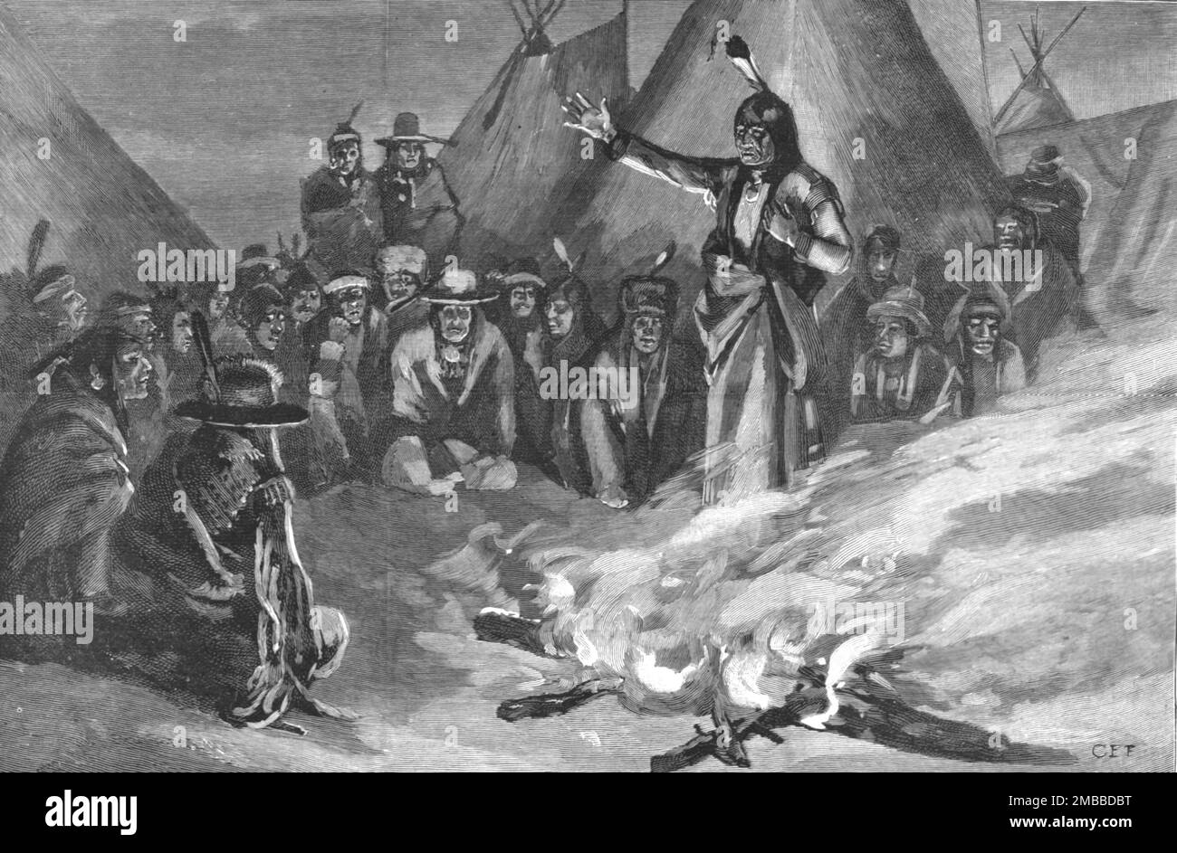 ''The Threatened Rising of American Indians; Sitting Bull Addressing a Meeting of &quot;Braves&quot; ', 1890. From &quot;The Graphic. An Illustrated Weekly Newspaper&quot;, Volume 42. July to December, 1890. Stock Photo