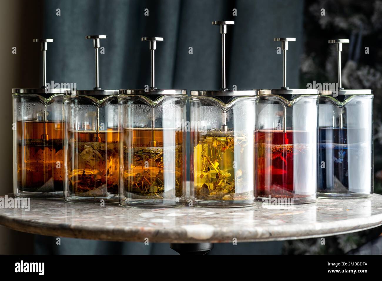 Side view on different herbal teas in french press pots with gray