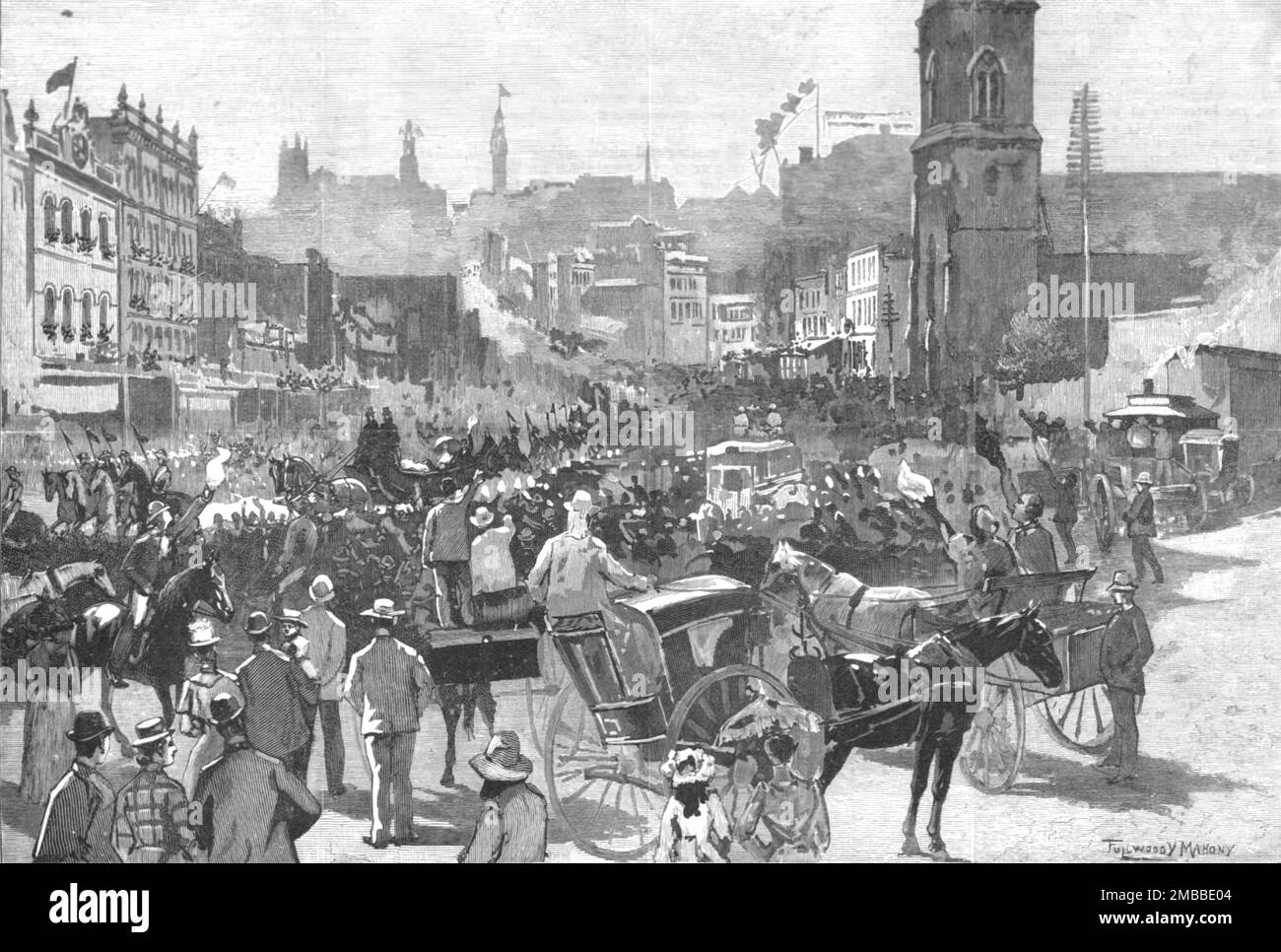 ''The Departure of Lord and Lady Carrington from Sydney for England; The Procession passing down George Street on the way to the Railway Station', 1890. From &quot;The Graphic. An Illustrated Weekly Newspaper&quot;, Volume 42. July to December, 1890. Stock Photo