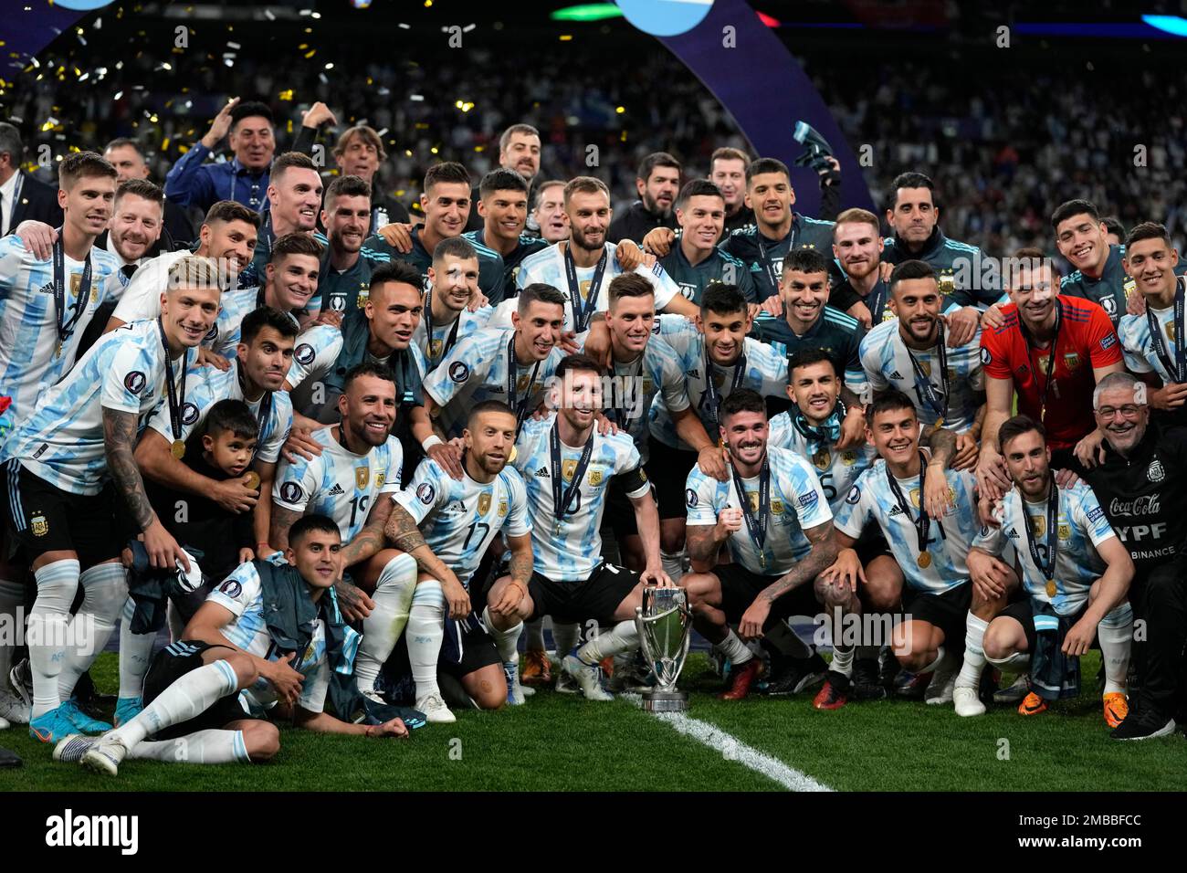 Argentina's players pose with the trophy after winning the Finalissima