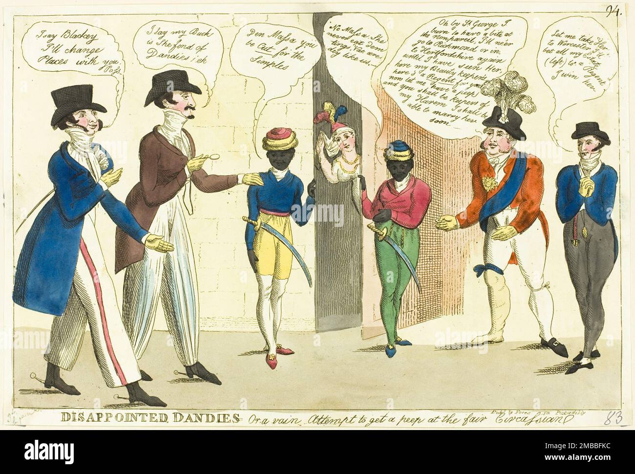 Disappointed Dandies - Or a vain Attempt to get a peep at the fair Circassian, published 1819. On the left, two noted dandies, Lord Yarmouth and Lord Petersham. 'I say Blackey I'll change places with you, Poss; I say my Buck is she fond of Dandies! eh; Den Massa you be Cut for the Simples; No Massa, She never eat den tings, Vat are dey like us.; [the Prince Regent]: Oh by St George I burn to have a bite at the nonpareil, I'll ne'er go to Richmond or in to Hertfordshire again until I have seen Her, here my Beauty keeper's here's a Regent for you now let me have a peep and you shall be keepers o Stock Photo