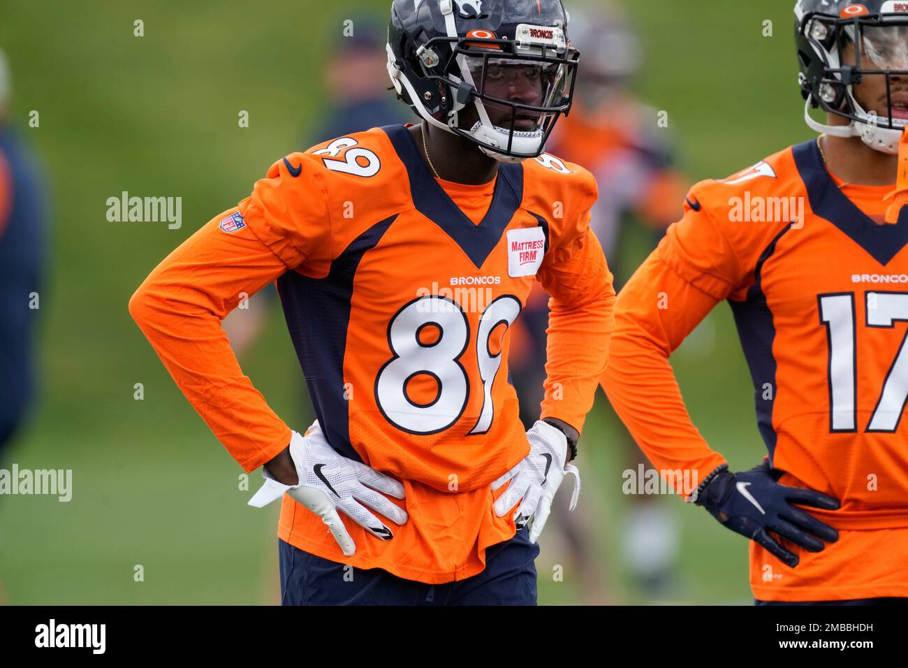 Denver Broncos wide receiver Brandon Johnson takes part in drills