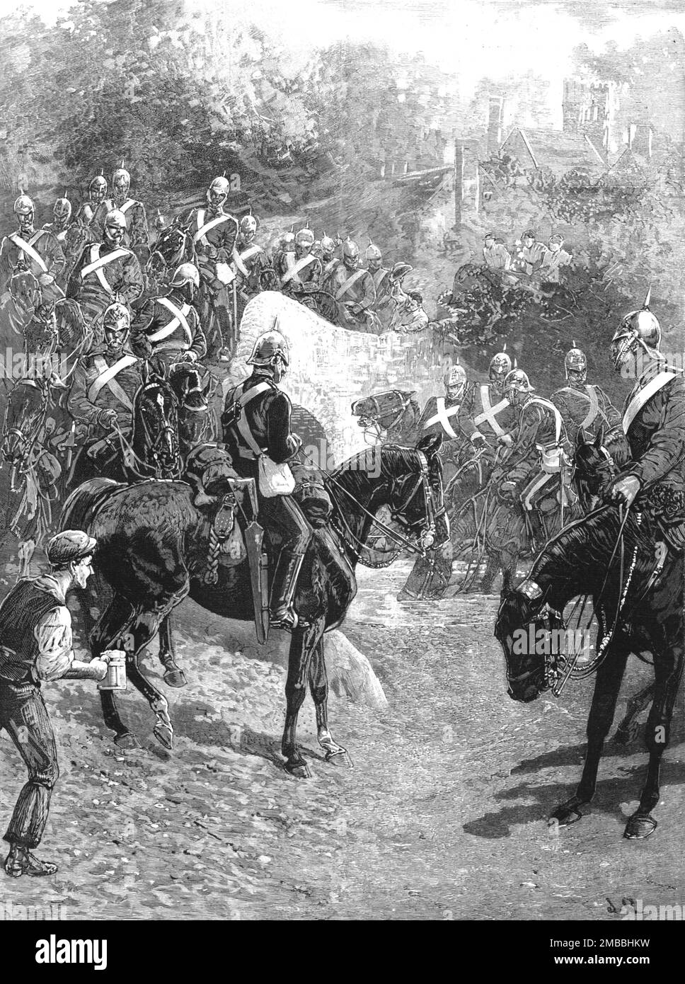 ''The Cavalry Manoevres; The Guards on the march from Aldershot to Churn camp, arriving at a watering place', 1890. From &quot;The Graphic. An Illustrated Weekly Newspaper&quot;, Volume 42. July to December, 1890. Stock Photo