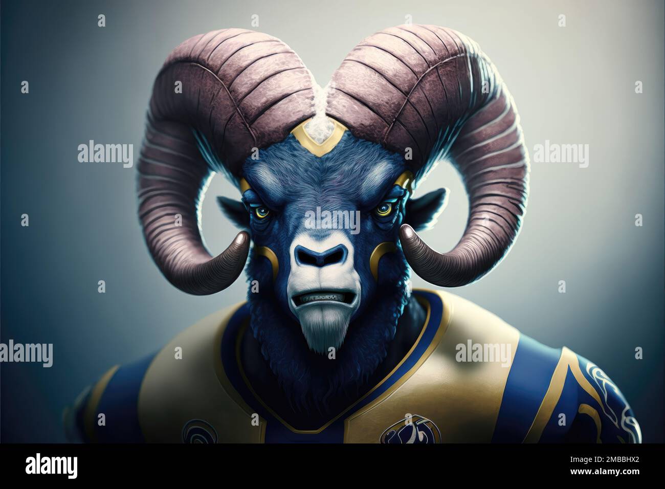 he mascot of the Los Angeles Rams, a professional American football team, is named Rampage. Rampage is a large, anthropomorphic ram with a blue and ye Stock Photo