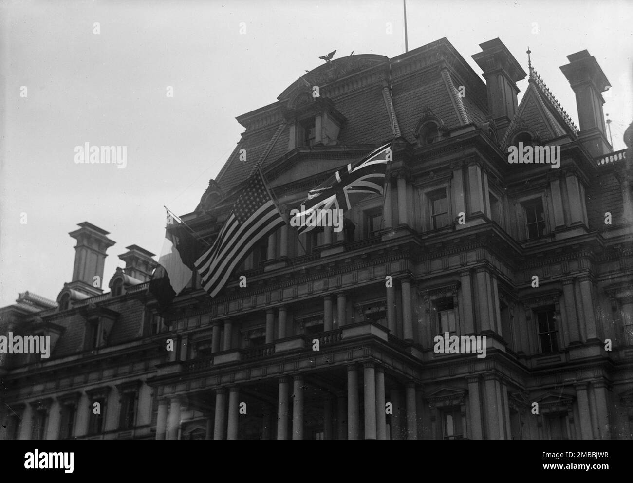 Flags - American, British, And French Flags On State Department. Visit of Allied Commission, 1917. Stock Photo