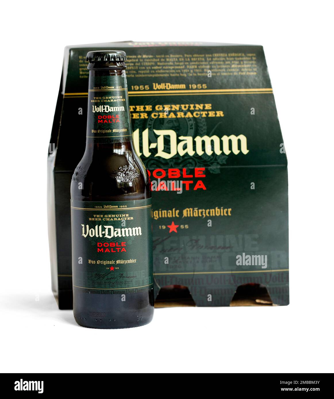 Mallorca, Spain - April 20, 2016: Voll-Damm Doble Malta is a lager and Märzen or Märzenbier-style beer manufactured by S.A. Damm, a brewery in Barcelo Stock Photo