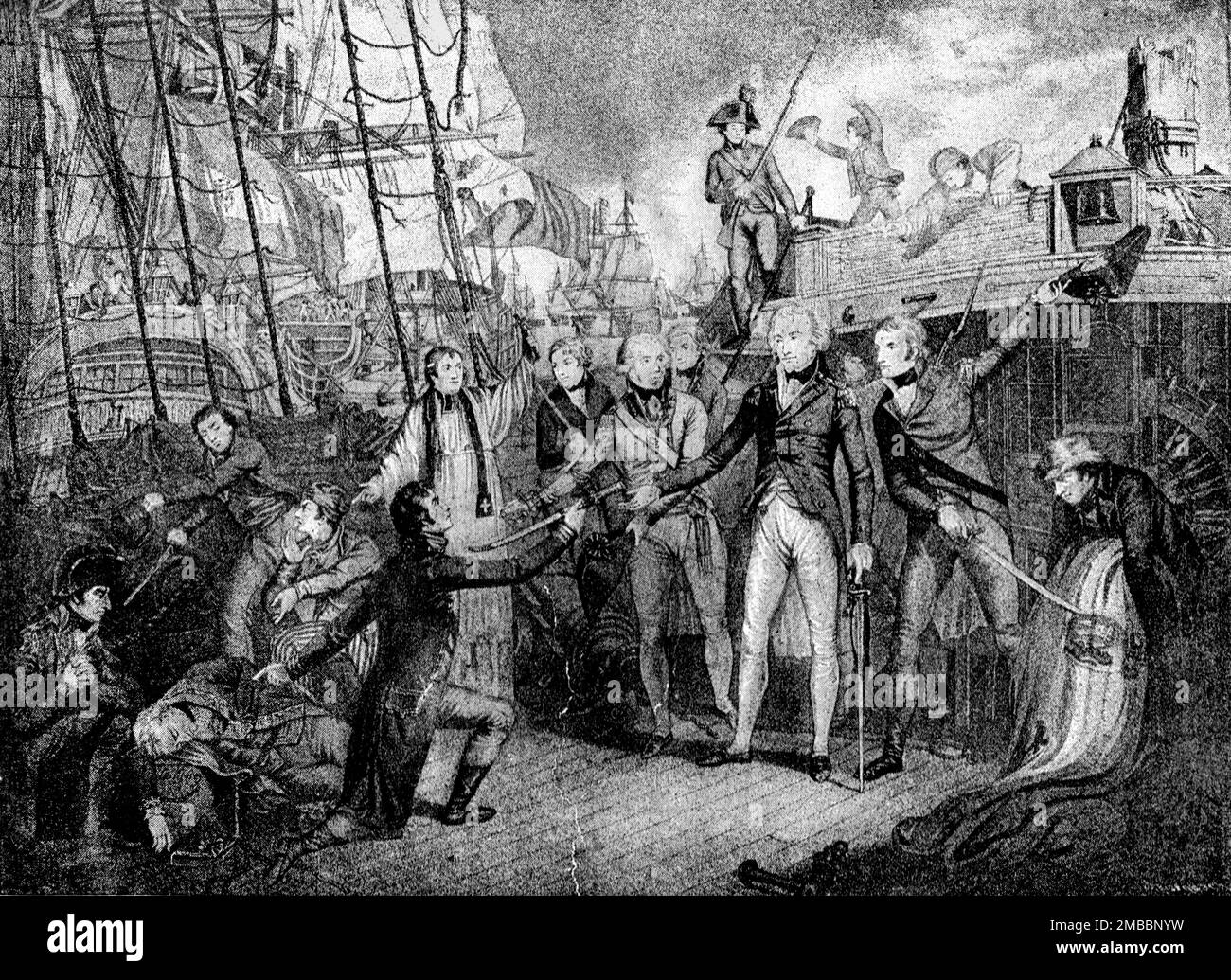 ''The Battle off Cape St. Vincent;Commodore Nelson receiving the Sword of the Dying Spaninish Admiral, Don Xavier Winthvysen on board the &quot;San Josef&quot; February 14 1797, after Orme.' 1891. From &quot;The Graphic. An Illustrated Weekly Newspaper&quot;, Volume 44. July to December, 1891. Stock Photo