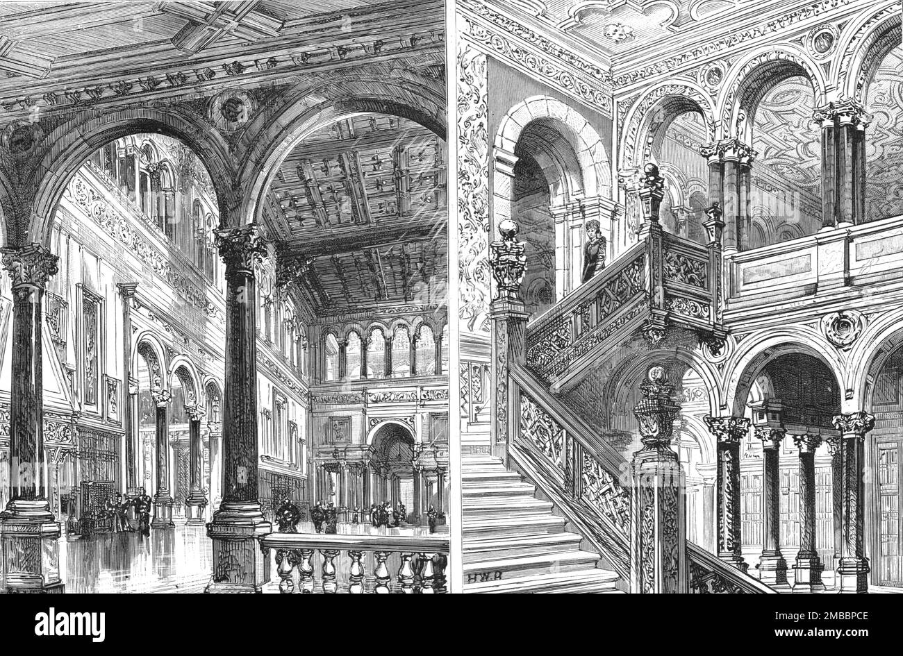 ''Hewell Grange, Birmingham; The Great Hall and The Great Staircase', 1891. From &quot;The Graphic. An Illustrated Weekly Newspaper&quot;, Volume 44. July to December, 1891. Stock Photo