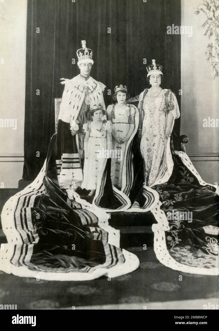 'After the Coronation - 12th May, 1937', 1947. King George VI, Queen Elizabeth, Princess Margaret and Princess Elizabeth. From &quot;Princess Elizabeth: The Illustrated Story of Twenty-one Years in the Life of the Heir Presumptive&quot;, by Dermot Morrah. [Odhams Press Limited, London, 1947] Stock Photo