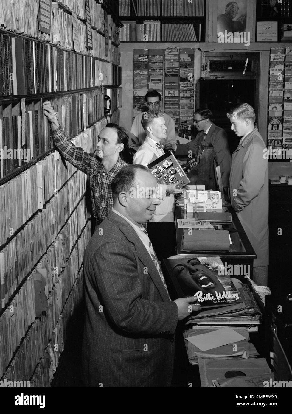 Portrait of Herbie Hill, Lou Blum, and Jack Crystal, Commodore Record Shop, New York, N.Y., ca