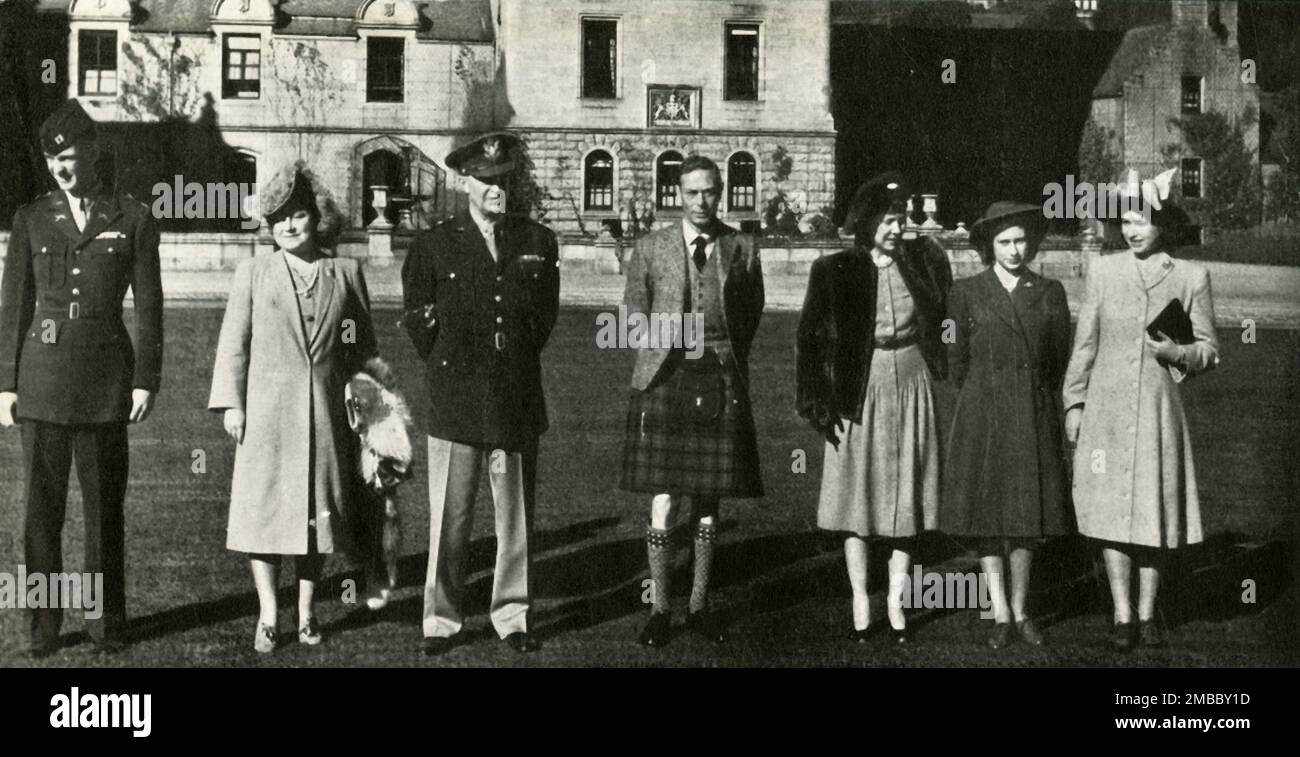 'Guests at Balmoral', October 1946, (1947). King George VI and Queen Elizabeth with daughters Princess Elizabeth (future Queen Elizabeth II) and Princess Margaret Rose, pose for a portrait with their guests General of the Army Eisenhower and his wife and son. From &quot;Princess Elizabeth: The Illustrated Story of Twenty-one Years in the Life of the Heir Presumptive&quot;, by Dermot Morrah. [Odhams Press Limited, London, 1947] Stock Photo