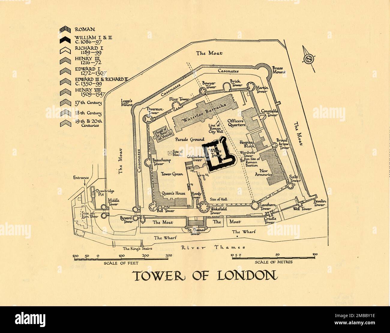 'Tower of London', 1961. Ground plan of the Tower of London, with key indicating building periods: 'Roman; William I &amp; II, c.1086-97; Richard I, 1189-99; Henry III, 1216-72; Edward I, 1272-1307; Edward III &amp; Richard II, c1350-99; Henry VIII, 1509-1547; 17th century; 18th century; 19th &amp; 20th centuries'. The River Thames is at the bottom. Features illustrated include the Wharf, King's Stairs, the Moat, parade ground, 'site of block' (for beheadings), Queen's House, Tower Green, Waterloo Barracks, Chapel of St Peter ad Vincula, New Armouries, Hospital Block, Officers Quarters, line o Stock Photo