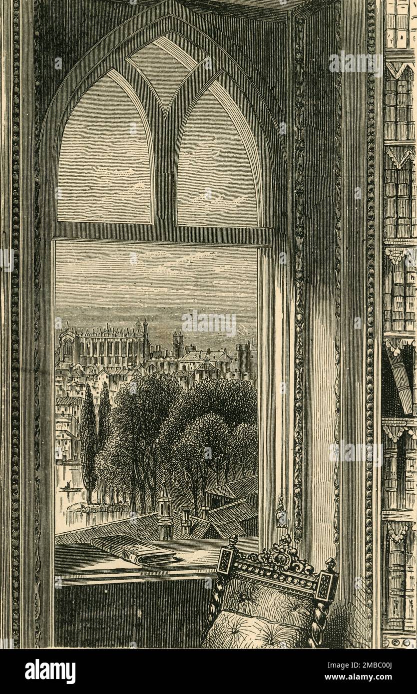 'View from the Library Window, Windsor Castle', c1897. The chapel of Eton College seen from the royal residence at Windsor. From &quot;The Queen's Resolve and Her Doubly Royal Reign of Sixty Years&quot;, by Charles Bullock, B.D. [&quot;Home Words&quot; Publishing Office, London, ] Stock Photo