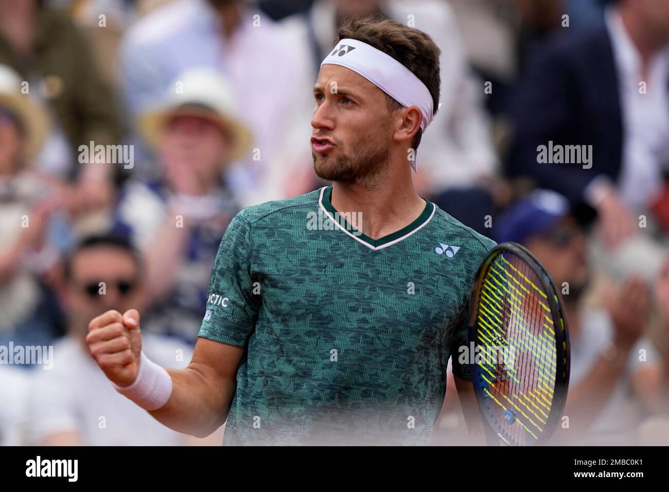 Denmark's Holger Rune celebrates after winning a semi final match against  Norway's Casper Ruud at the Italian Open tennis tournament in Rome, Italy,  Saturday, May 20, 2023. (AP Photo/Alessandra Tarantino Stock Photo 